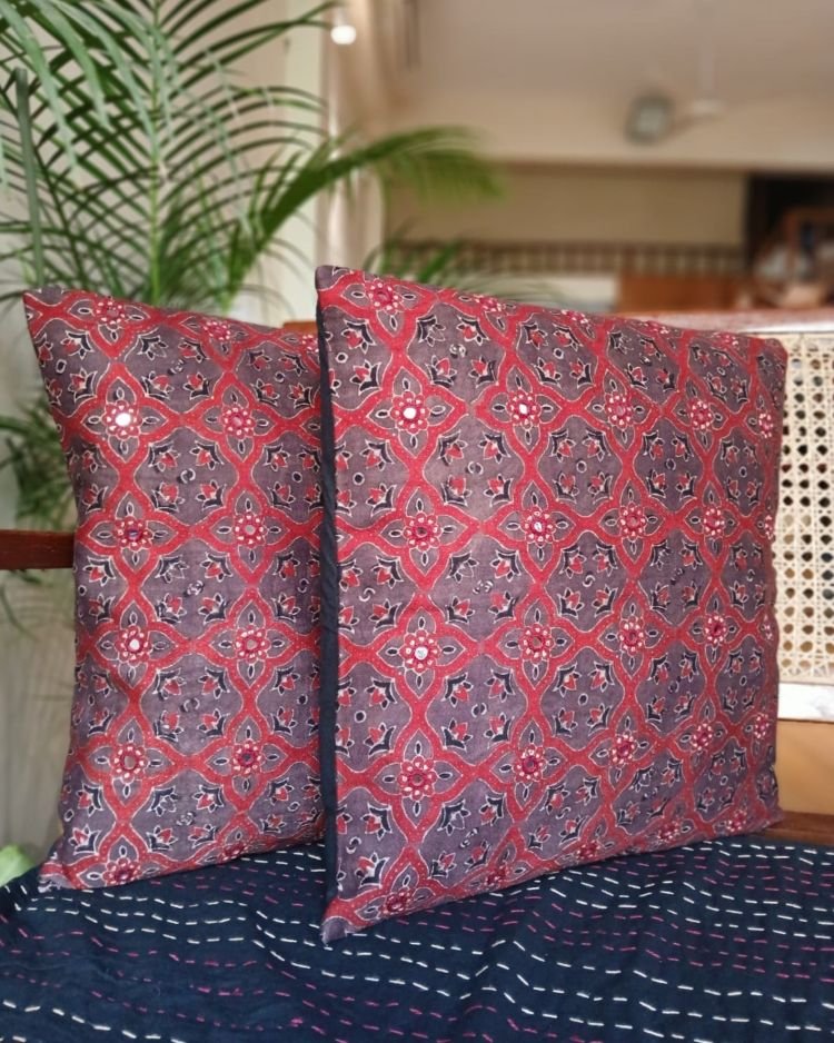 Ajrakh Cushion Covers in Natural Dyes with Hand Embroidery – (CUSH1112)