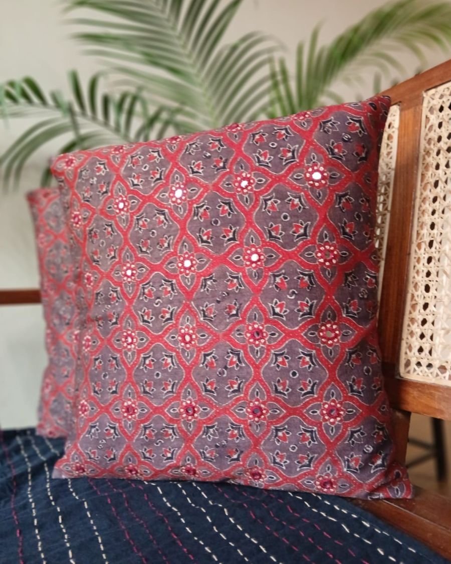 Ajrakh Cushion Covers in Natural Dyes with Hand Embroidery – (CUSH1112) - Image 3