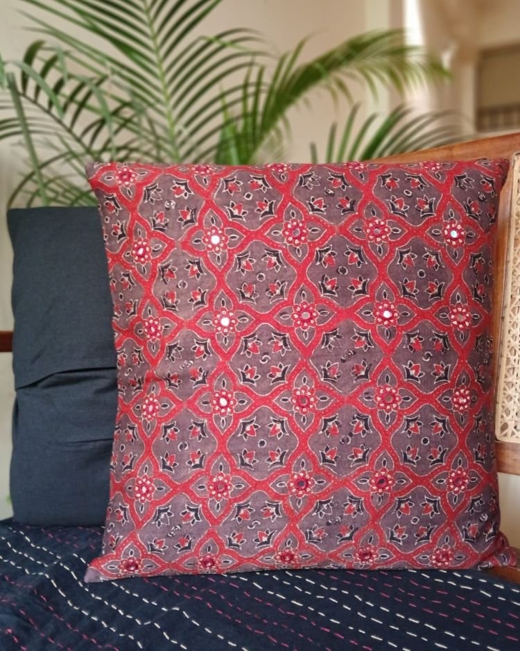 Ajrakh Cushion Covers in Natural Dyes with Hand Embroidery – (CUSH1112) - Image 5
