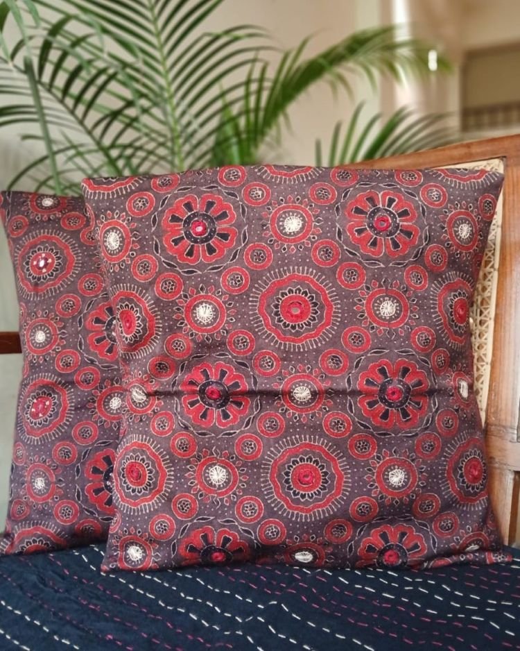 Ajrakh Cushion Covers in Natural Dyes with Hand Embroidery – (CUSH1114) - Image 2