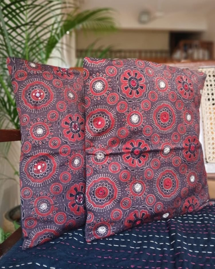 Ajrakh Cushion Covers in Natural Dyes with Hand Embroidery – (CUSH1114)