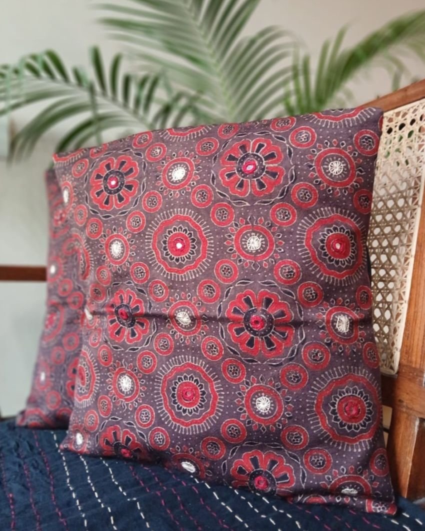 Ajrakh Cushion Covers in Natural Dyes with Hand Embroidery – (CUSH1114) - Image 3