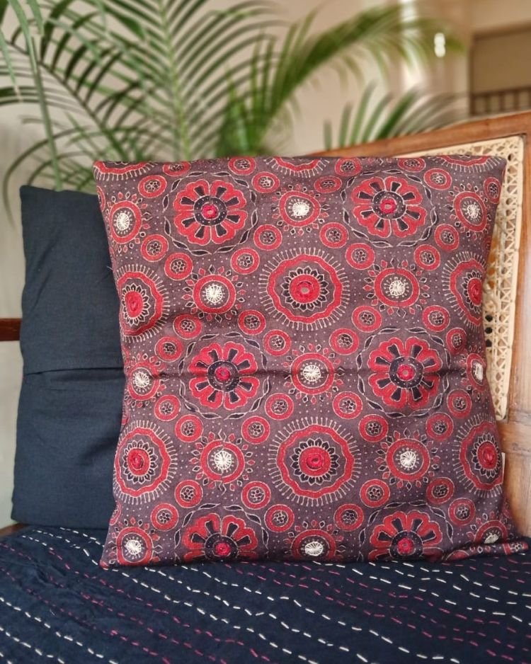 Ajrakh Cushion Covers in Natural Dyes with Hand Embroidery – (CUSH1114) - Image 5