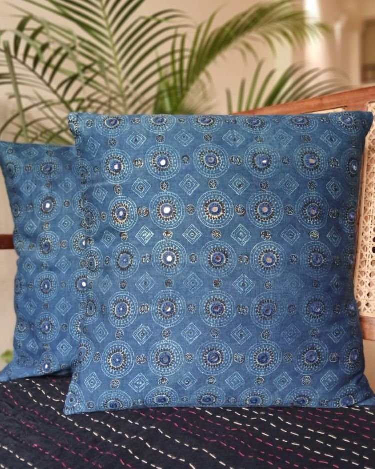 Ajrakh Cushion Covers in Natural Dyes with Hand Embroidery – (CUSH1115) - Image 2