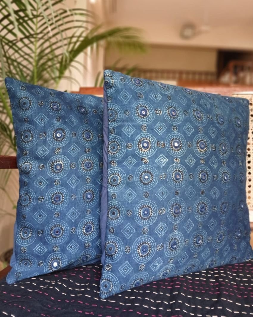 Ajrakh Cushion Covers in Natural Dyes with Hand Embroidery – (CUSH1115)