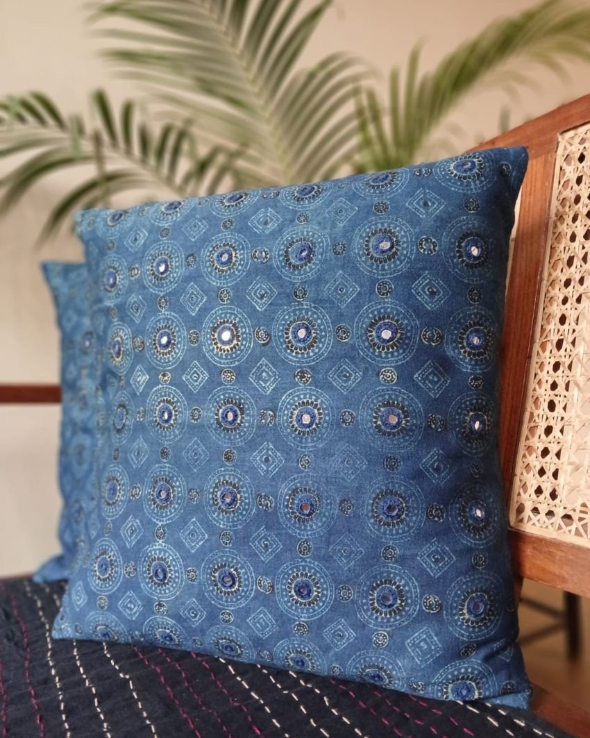 Ajrakh Cushion Covers in Natural Dyes with Hand Embroidery – (CUSH1115) - Image 3