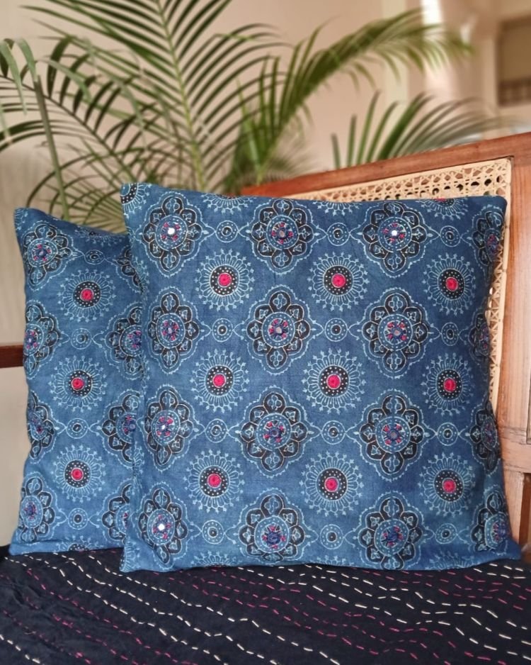 Ajrakh Cushion Covers in Natural Dyes with Hand Embroidery – (CUSH1117) - Image 2