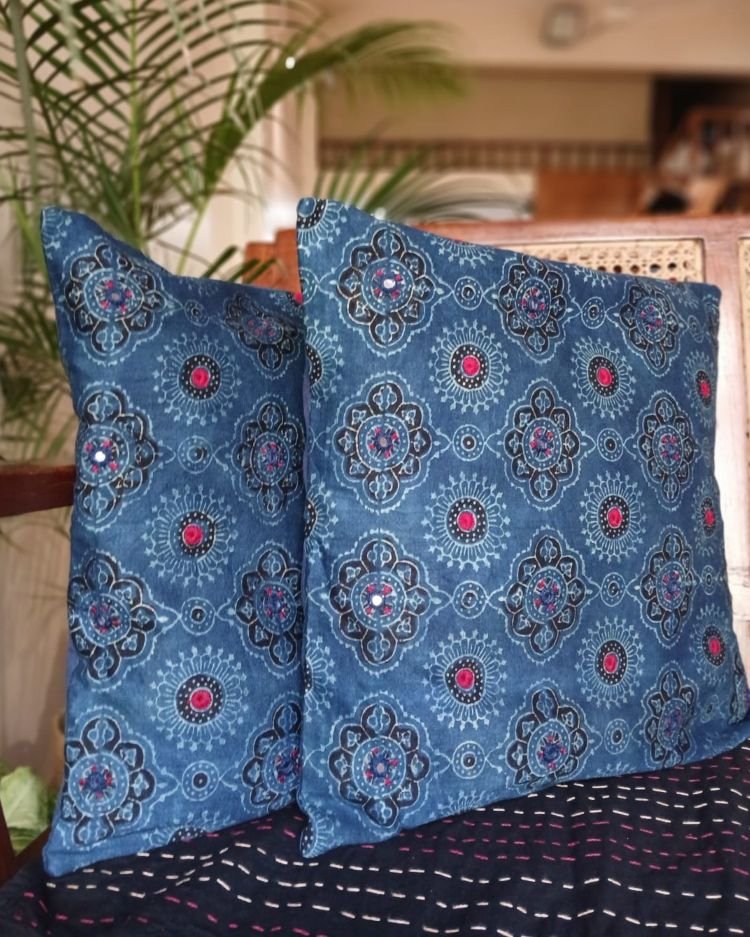 Ajrakh Cushion Covers in Natural Dyes with Hand Embroidery – (CUSH1117)