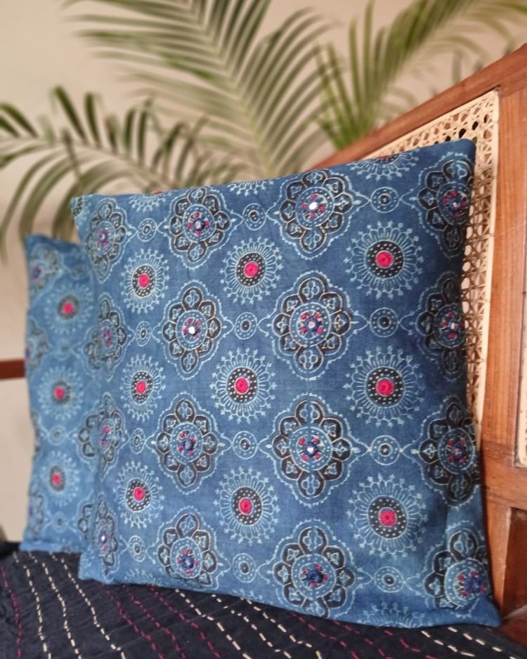 Ajrakh Cushion Covers in Natural Dyes with Hand Embroidery – (CUSH1117) - Image 3