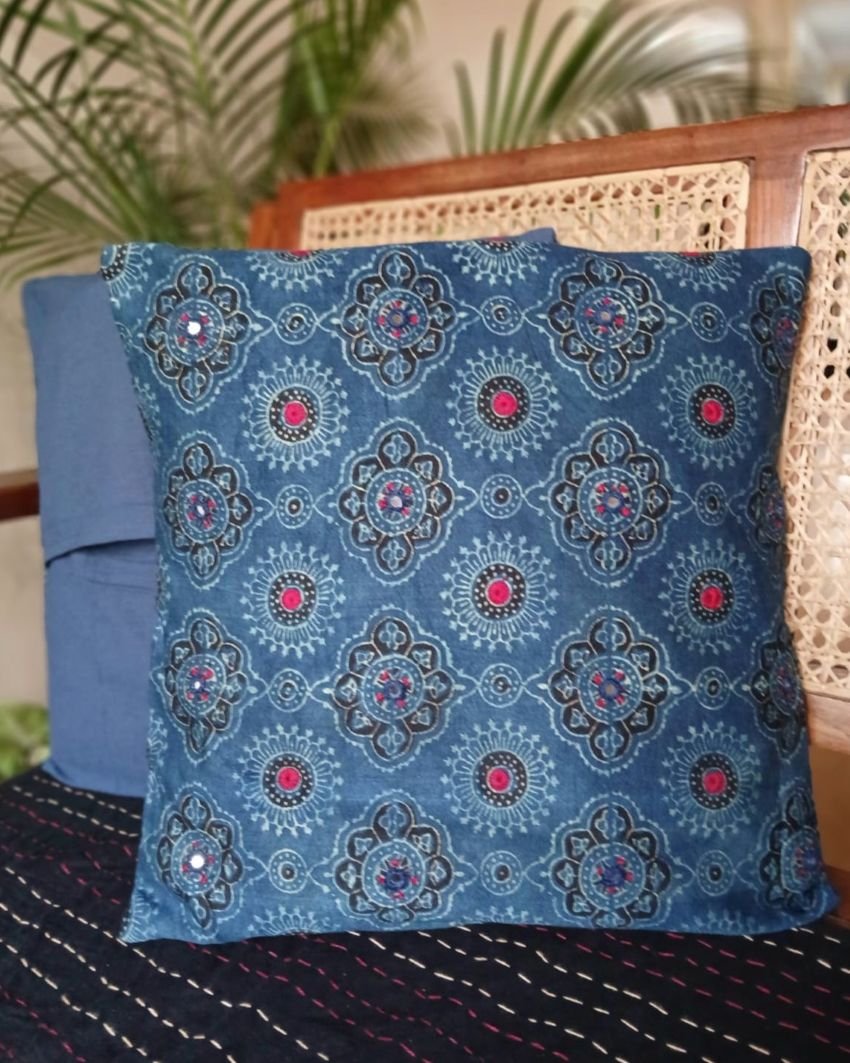 Ajrakh Cushion Covers in Natural Dyes with Hand Embroidery – (CUSH1117) - Image 5