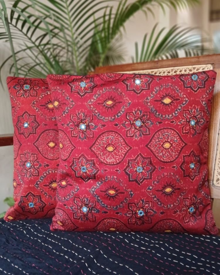 Ajrakh Cushion Covers in Natural Dyes with Hand Embroidery – (CUSH1118) - Image 2