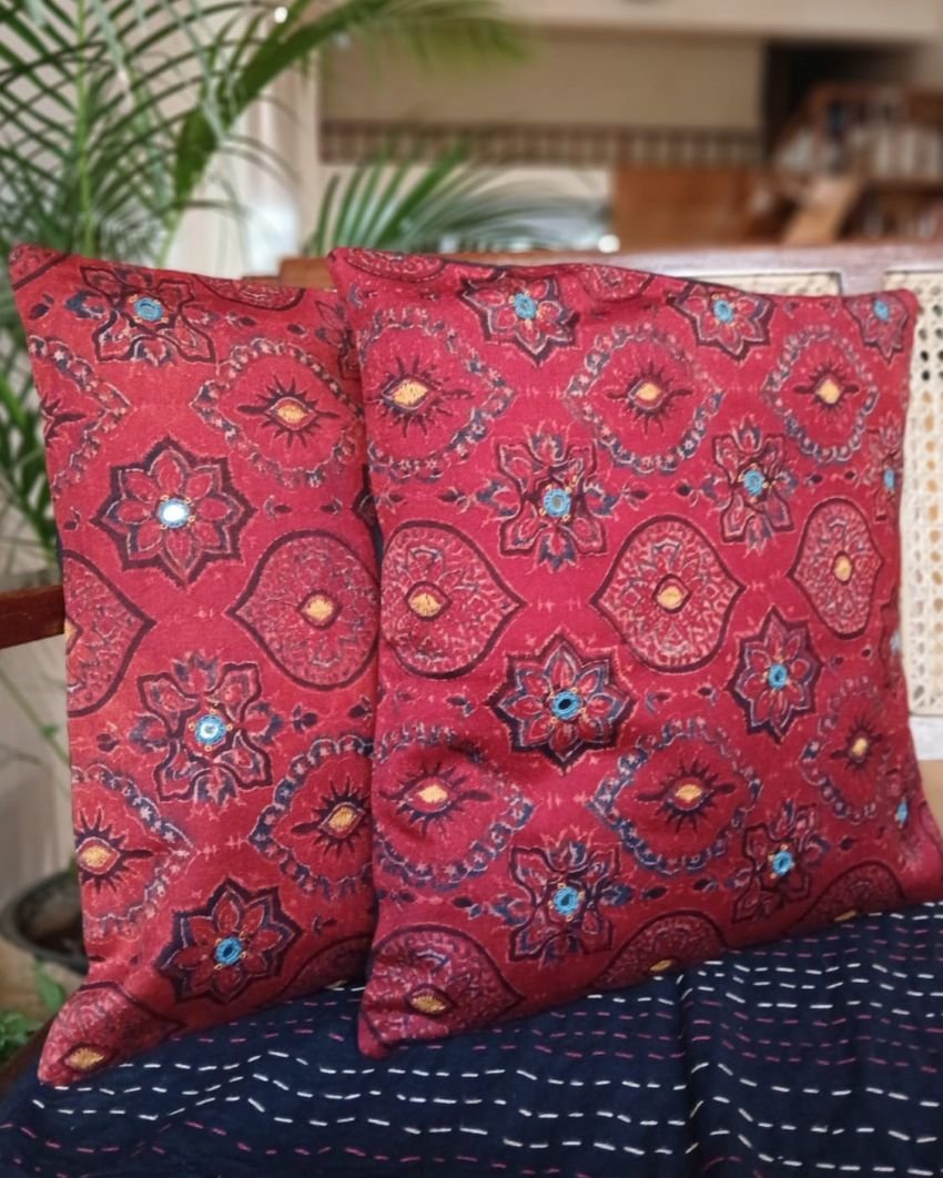 Ajrakh Cushion Covers in Natural Dyes with Hand Embroidery – (CUSH1118)