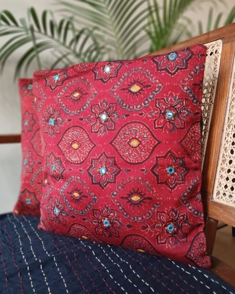 Ajrakh Cushion Covers in Natural Dyes with Hand Embroidery – (CUSH1118) - Image 3