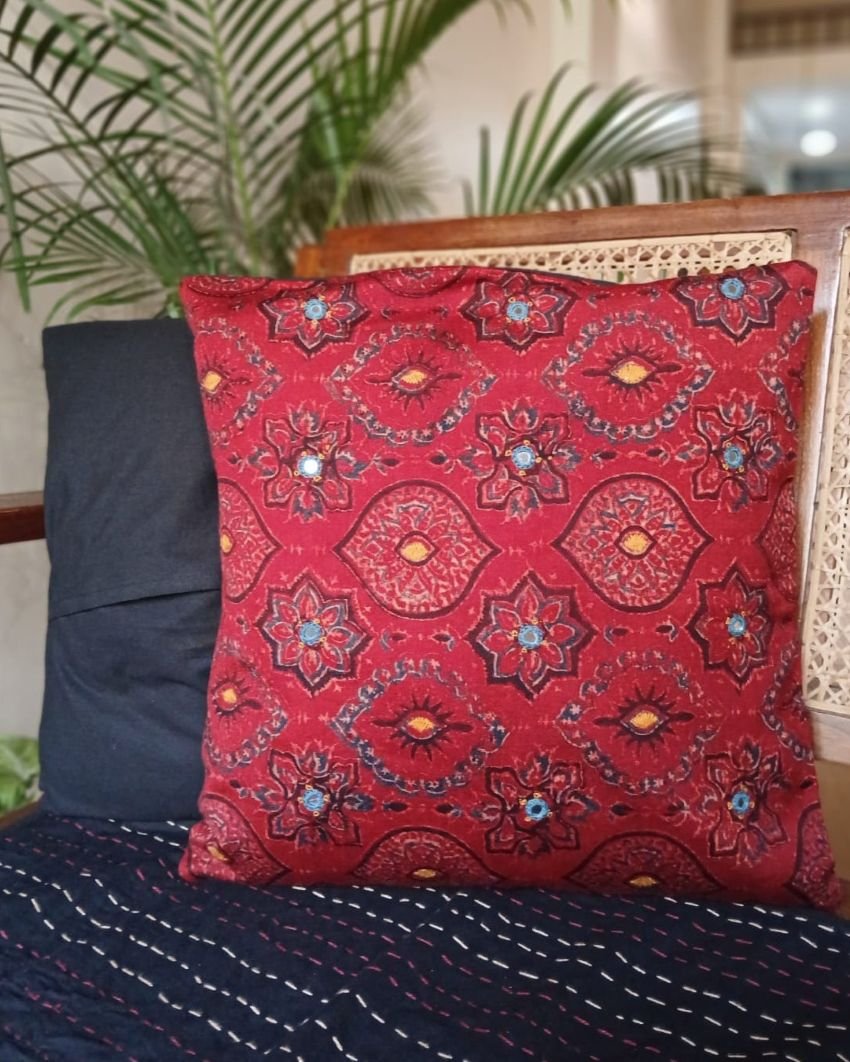 Ajrakh Cushion Covers in Natural Dyes with Hand Embroidery – (CUSH1118) - Image 5