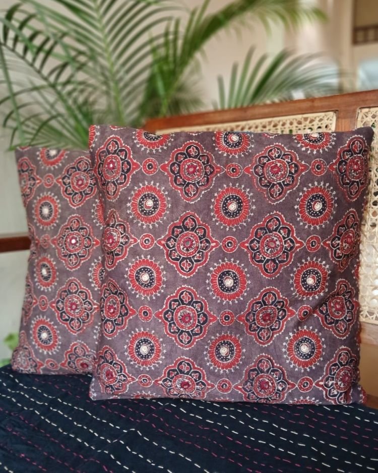 Ajrakh Silk-Cotton Cushion Covers in Natural Dyes with Hand Embroidery – (CUSH1119) - Image 2