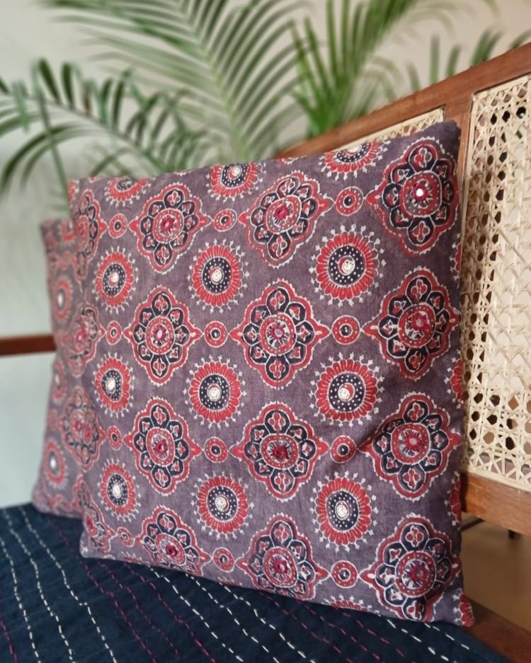 Ajrakh Silk-Cotton Cushion Covers in Natural Dyes with Hand Embroidery – (CUSH1119) - Image 3