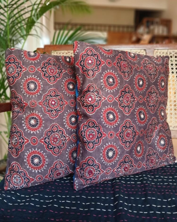 Ajrakh Silk-Cotton Cushion Covers in Natural Dyes with Hand Embroidery – (CUSH1119)