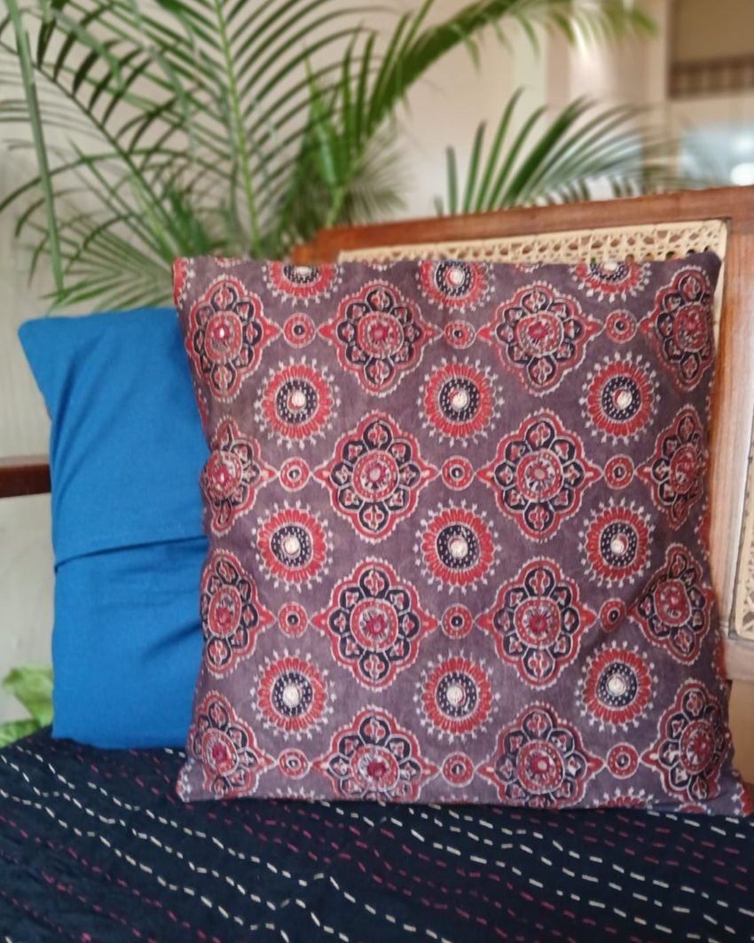 Ajrakh Silk-Cotton Cushion Covers in Natural Dyes with Hand Embroidery – (CUSH1119) - Image 5
