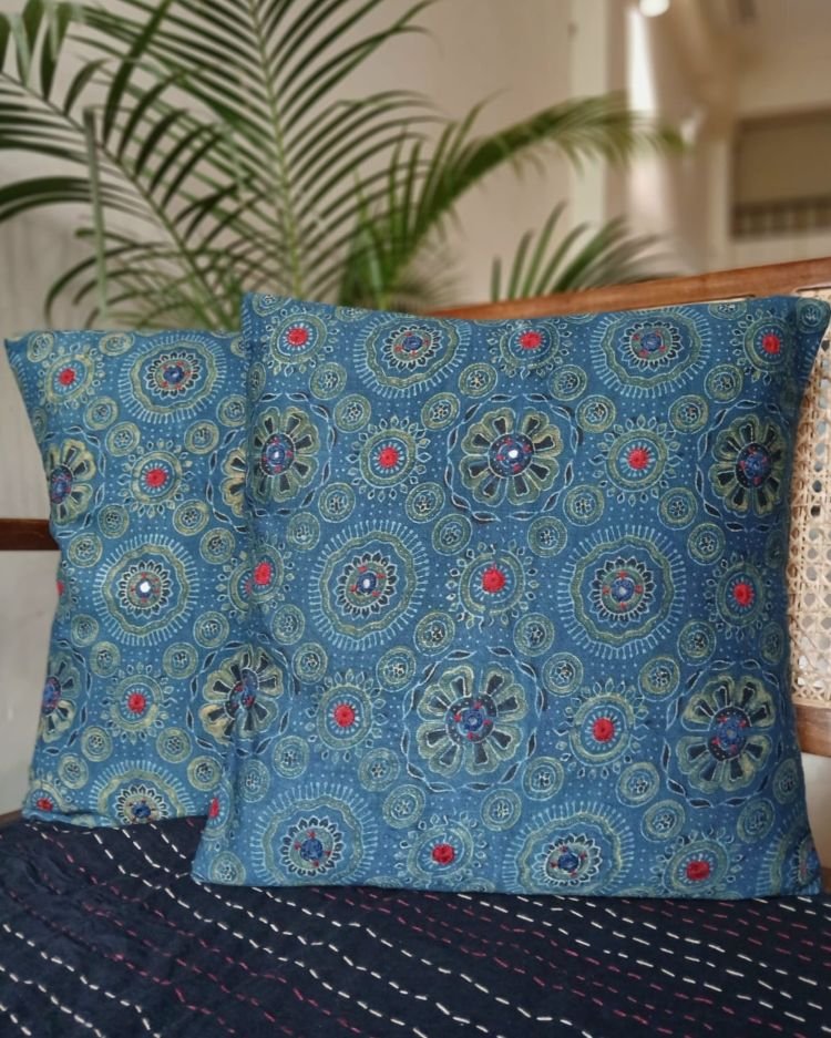 Ajrakh Cushion Covers in Natural Dyes with Hand Embroidery – (CUSH1103) - Image 2