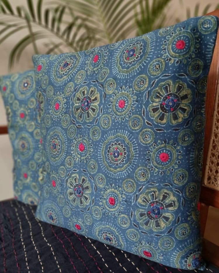 Ajrakh Cushion Covers in Natural Dyes with Hand Embroidery – (CUSH1103) - Image 3