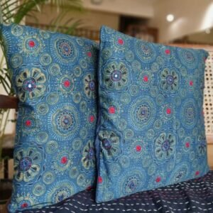 Ajrakh Cushion Covers in Natural Dyes with Hand Embroidery – (CUSH1103)