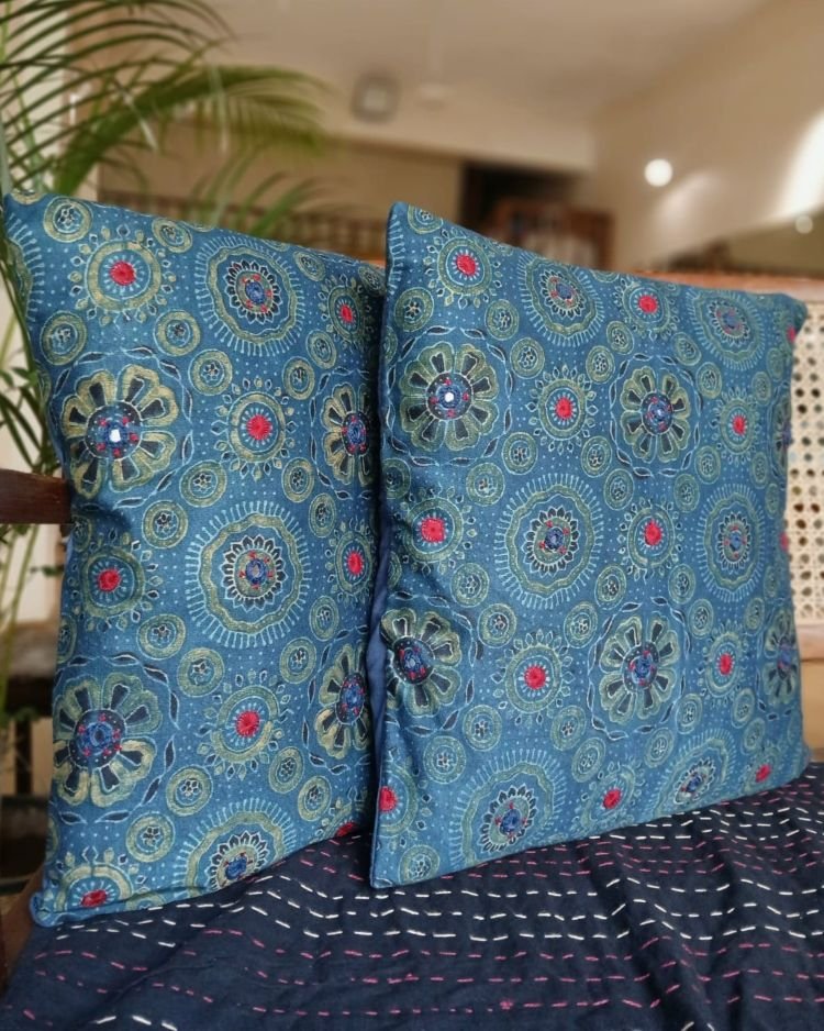Ajrakh Cushion Covers in Natural Dyes with Hand Embroidery – (CUSH1103)