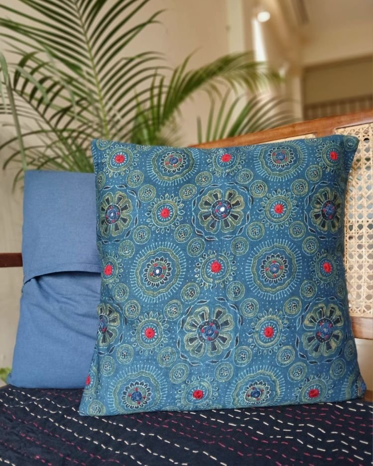 Ajrakh Cushion Covers in Natural Dyes with Hand Embroidery – (CUSH1103) - Image 5