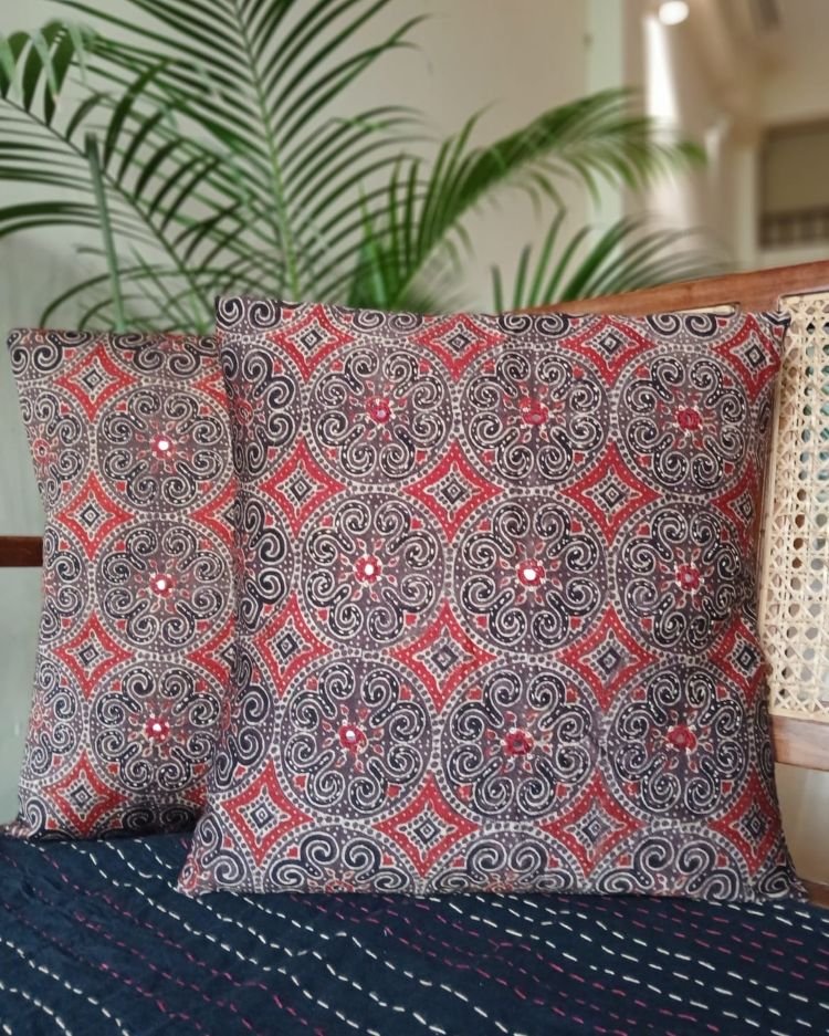 Ajrakh Silk-Cotton Cushion Covers in Natural Dyes with Hand Embroidery – (CUSH1106) - Image 2