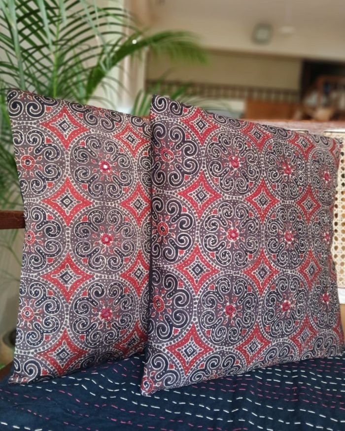 Ajrakh Silk-Cotton Cushion Covers in Natural Dyes with Hand Embroidery – (CUSH1106)