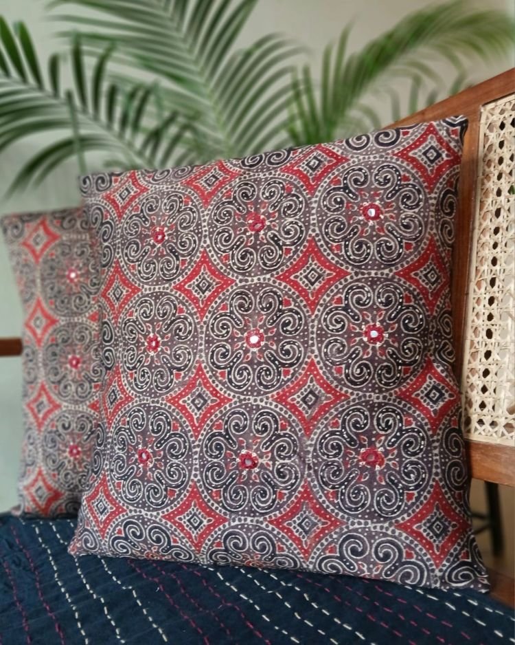 Ajrakh Silk-Cotton Cushion Covers in Natural Dyes with Hand Embroidery – (CUSH1106) - Image 3