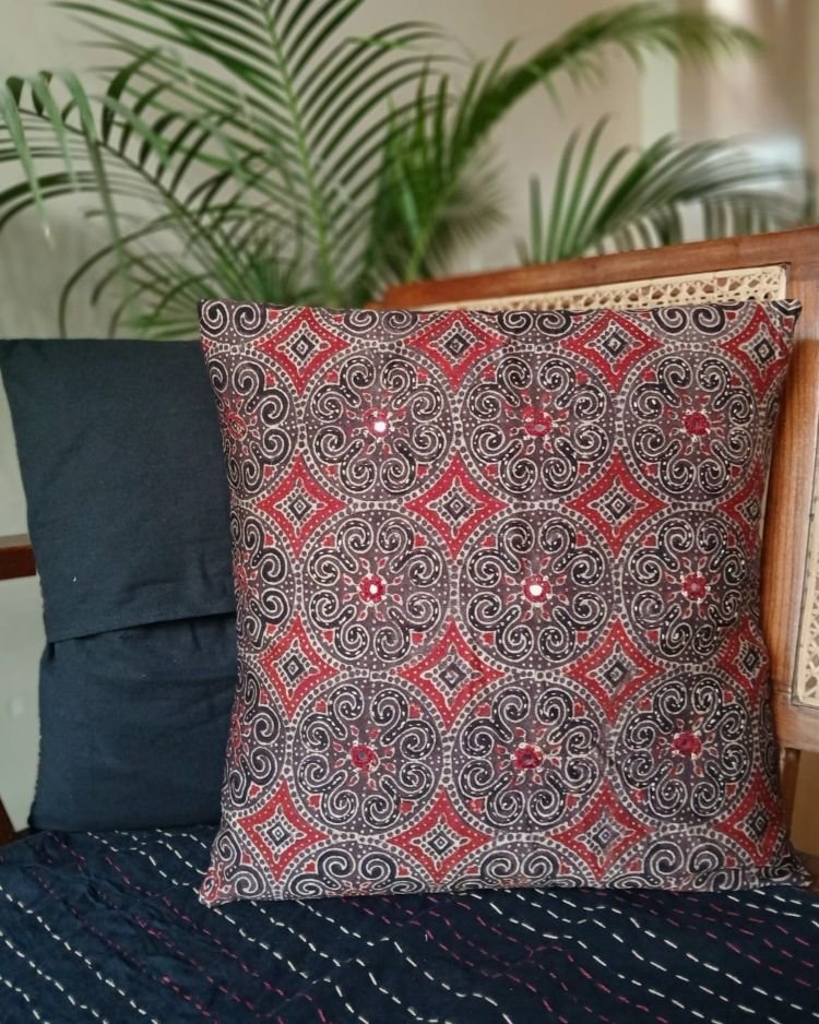 Ajrakh Silk-Cotton Cushion Covers in Natural Dyes with Hand Embroidery – (CUSH1106) - Image 5