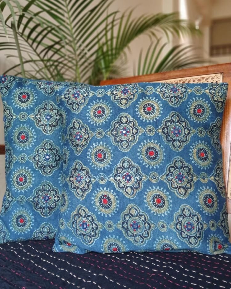 Ajrakh Cushion Covers in Natural Dyes with Hand Embroidery – (CUSH1107) - Image 2