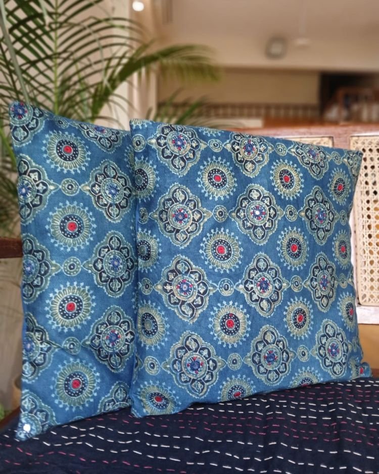 Ajrakh Cushion Covers in Natural Dyes with Hand Embroidery – (CUSH1107)