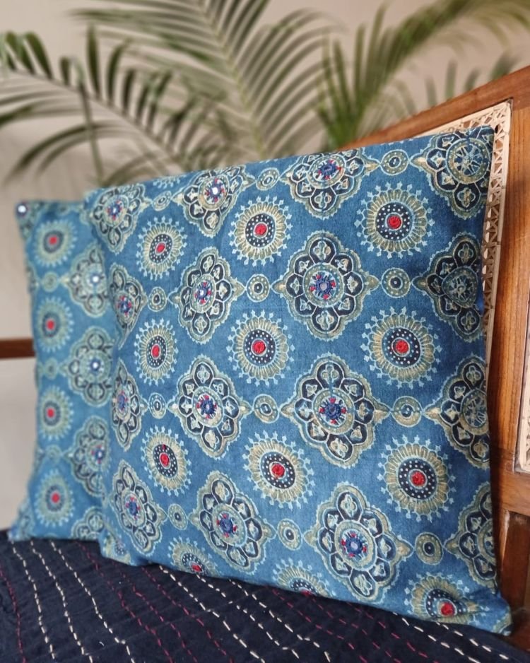 Ajrakh Cushion Covers in Natural Dyes with Hand Embroidery – (CUSH1107) - Image 3