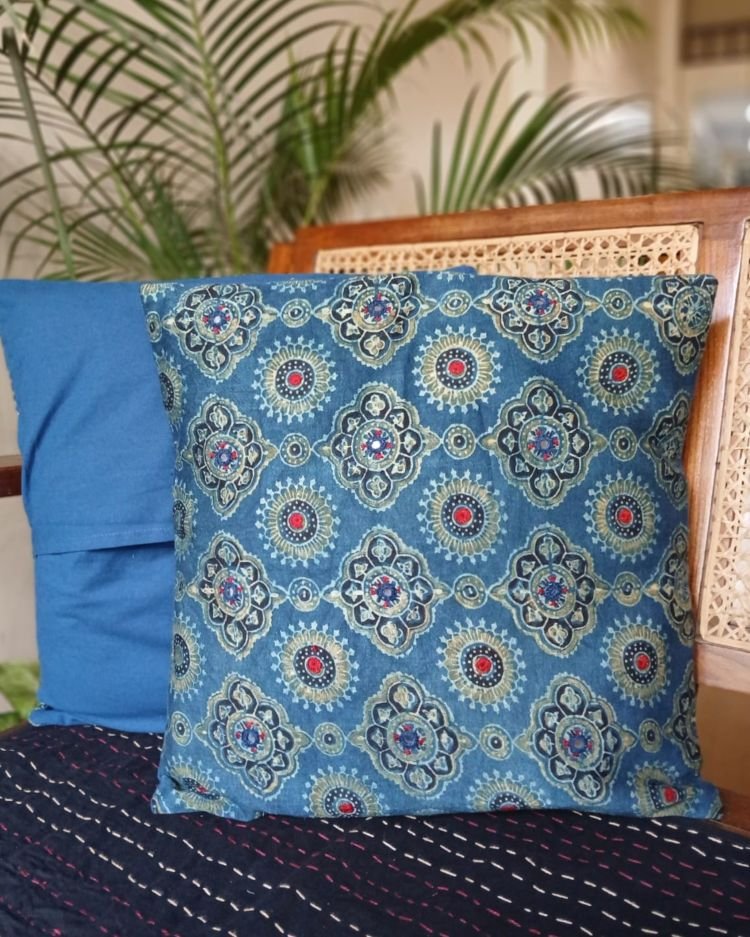 Ajrakh Cushion Covers in Natural Dyes with Hand Embroidery – (CUSH1107) - Image 5