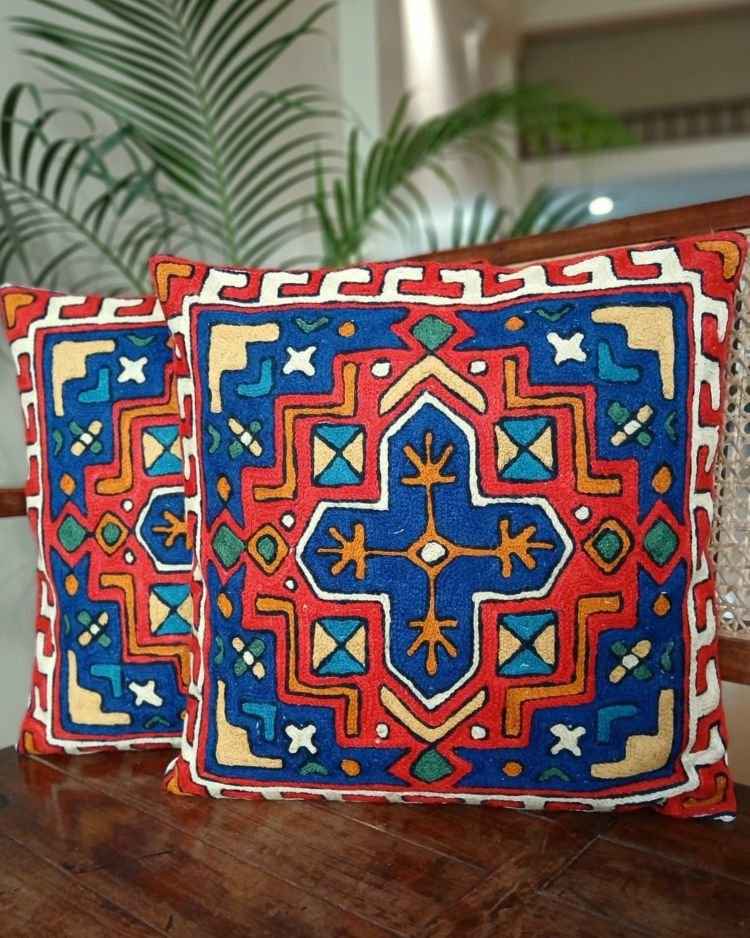 Crewel Embroidered Chainstitch Kilim Motif Cushion Covers – (CCMC0041) - Image 2