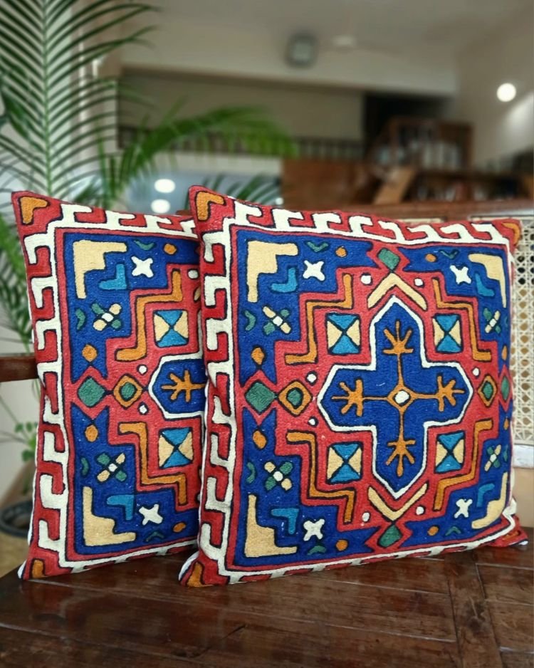 Crewel Embroidered Chainstitch Kilim Motif Cushion Covers – (CCMC0041)