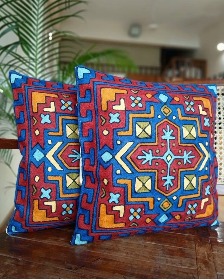 Crewel Embroidered Chainstitch Kilim Motif Cushion Covers – (CCMC0043)