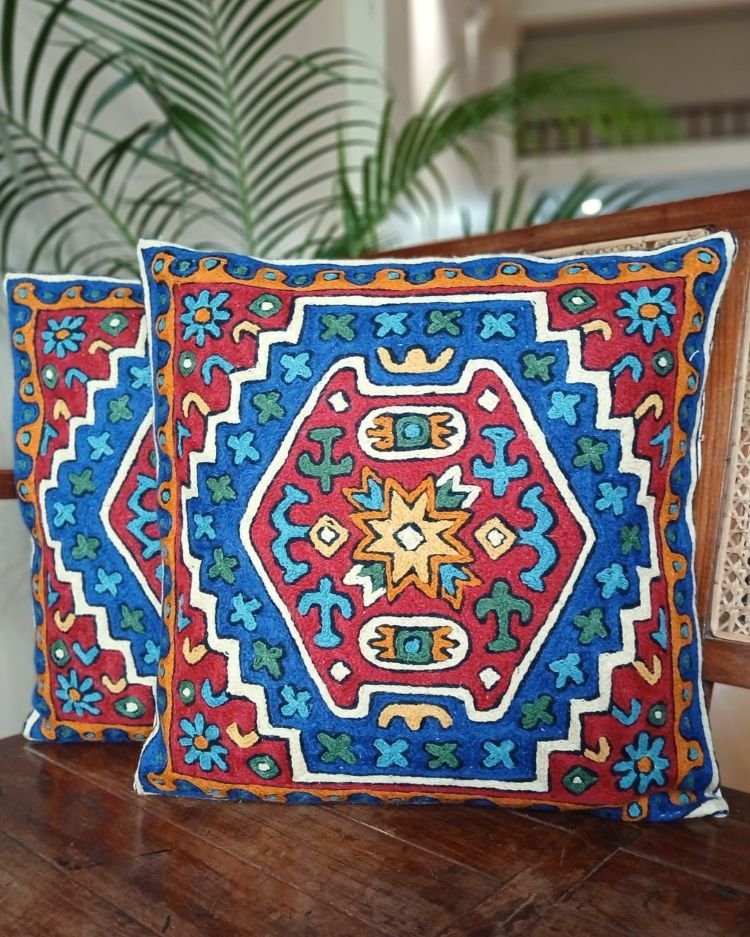 Crewel Embroidered Chainstitch Kilim Motif Cushion Covers – (CCMC0045) - Image 2