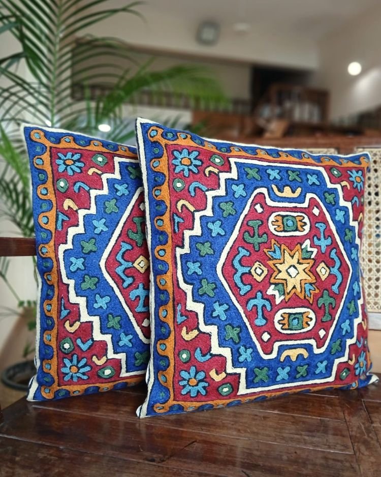 Crewel Embroidered Chainstitch Kilim Motif Cushion Covers – (CCMC0045)