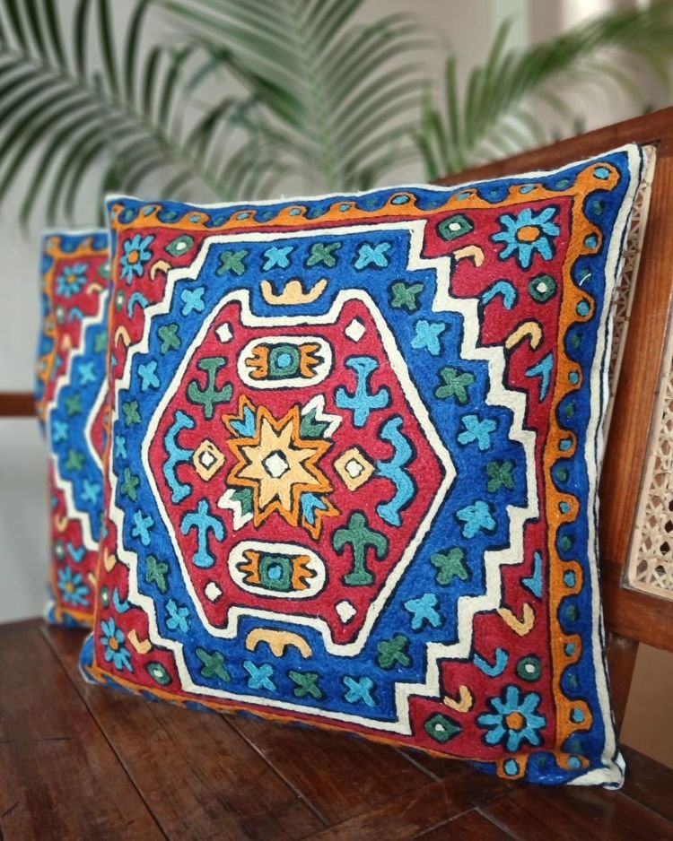 Crewel Embroidered Chainstitch Kilim Motif Cushion Covers – (CCMC0045) - Image 3
