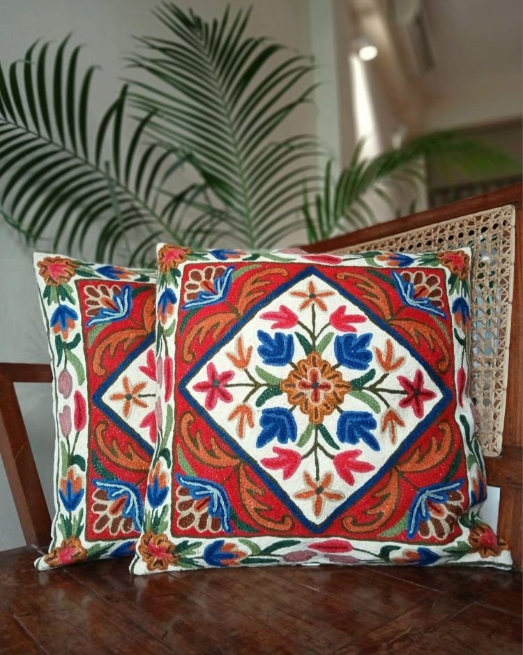 Crewel embroidered Chinar Motif Cushion Covers – (CCMC0047) - Image 5