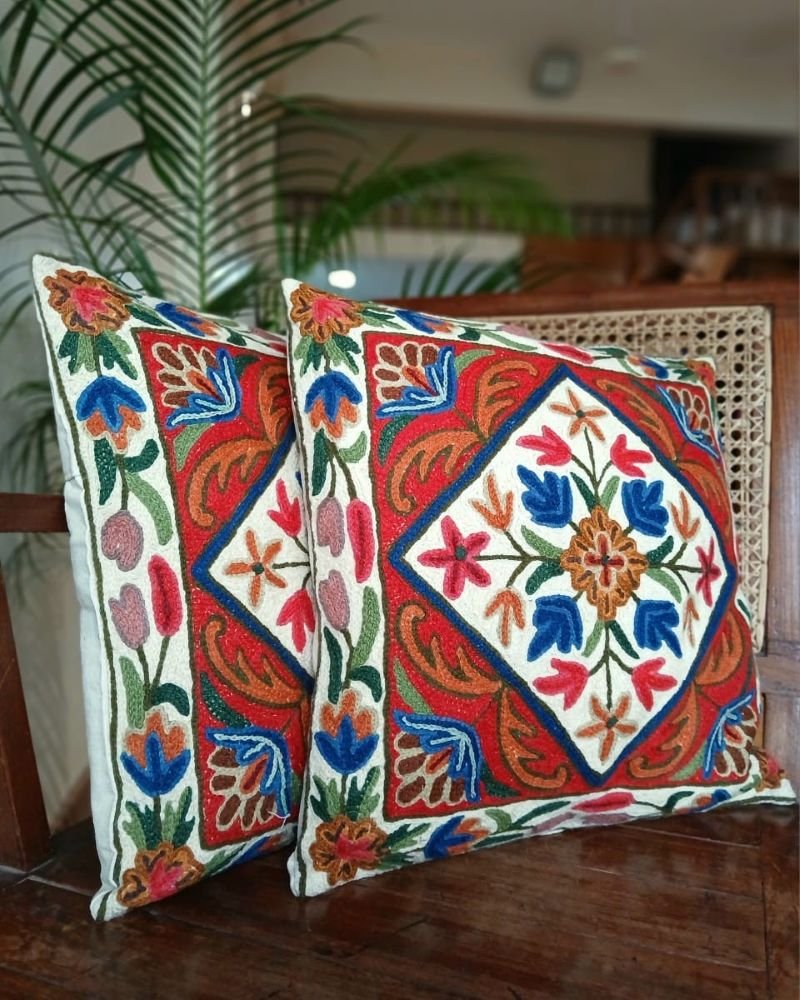 Crewel embroidered Chinar Motif Cushion Covers – (CCMC0047)