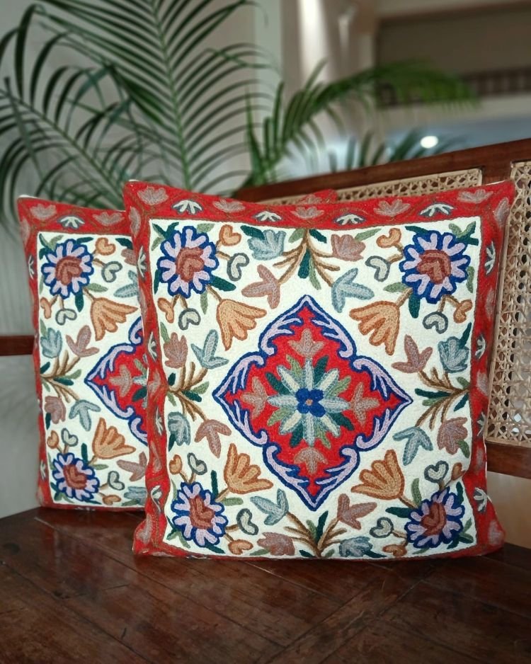 Crewel embroidered Chinar Motif Cushion Covers – (CCMC0048) - Image 2