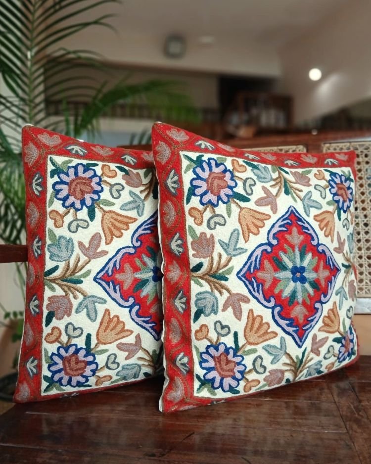 Crewel embroidered Chinar Motif Cushion Covers – (CCMC0048)