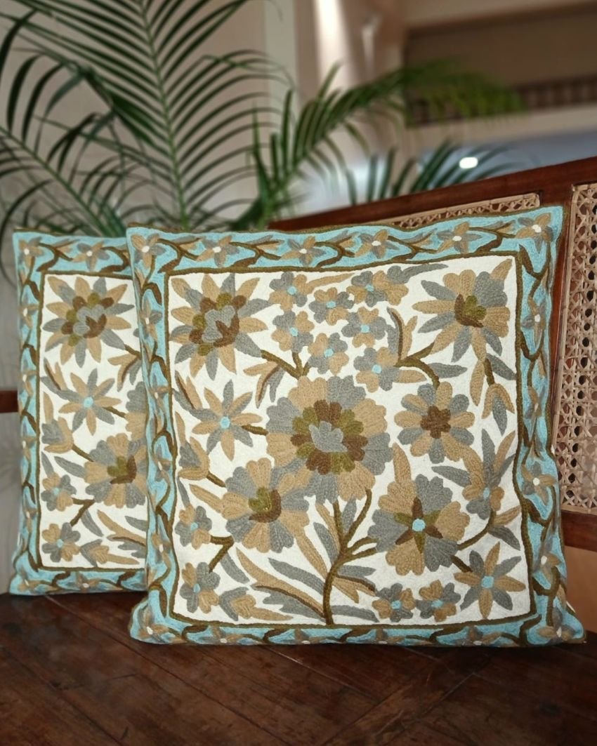Crewel embroidered Chinar Motif Cushion Covers – (CCMC0049) - Image 2