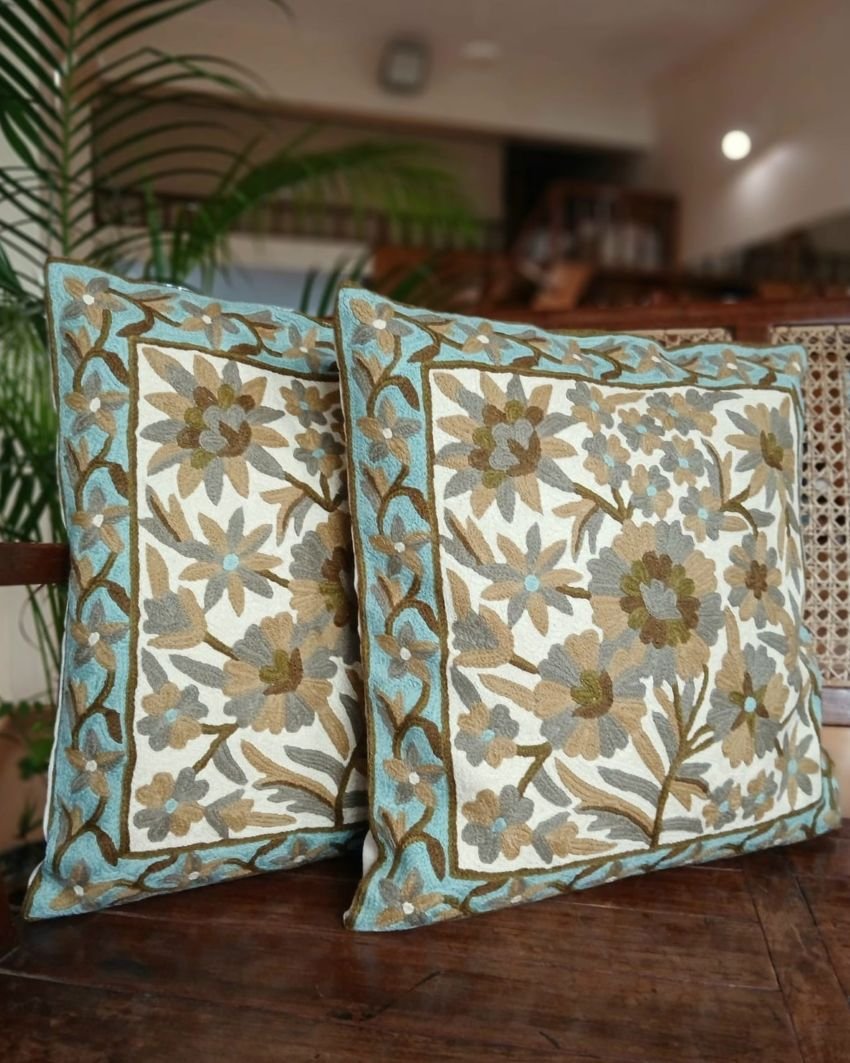 Crewel embroidered Chinar Motif Cushion Covers – (CCMC0049)