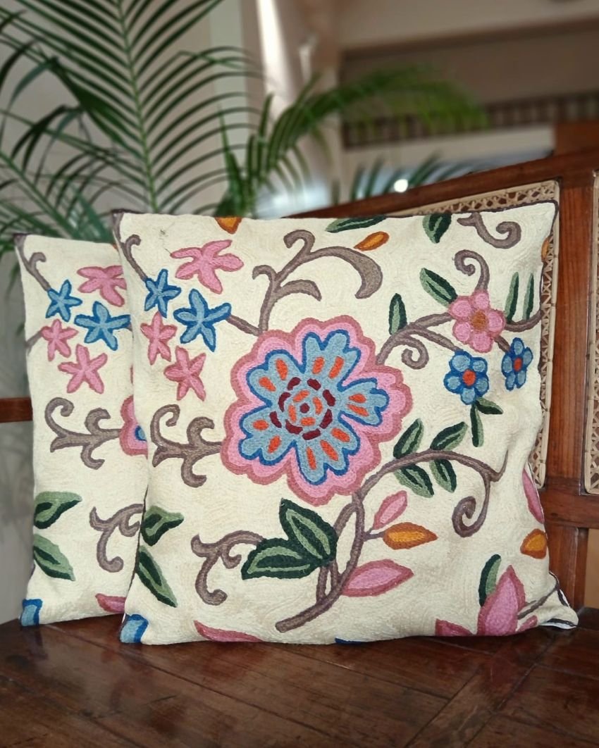 Crewel embroidered Chinar Motif Cushion Covers – (CCMC0050) - Image 2