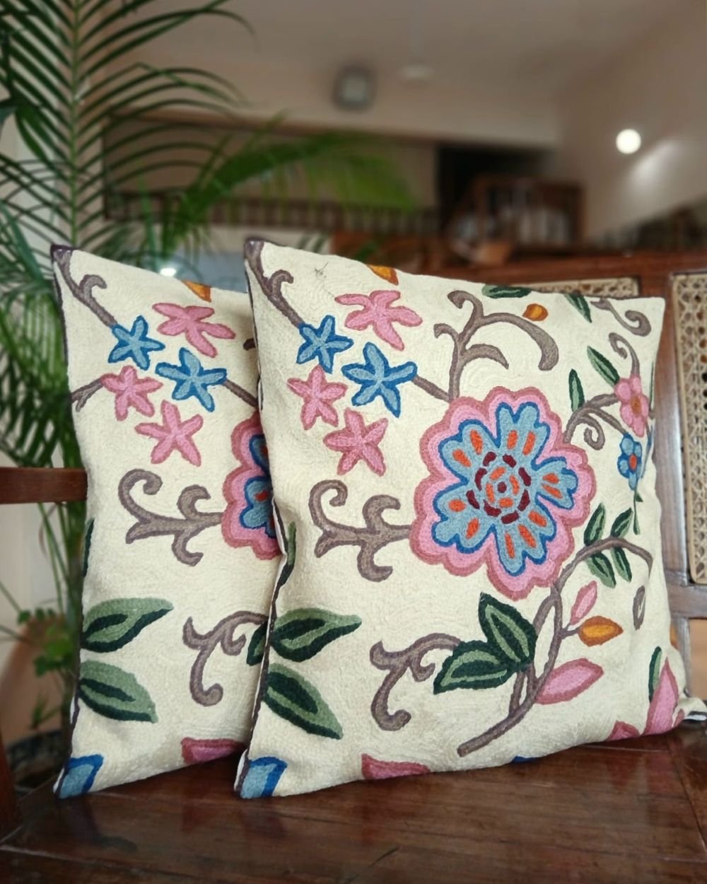 Crewel embroidered Chinar Motif Cushion Covers – (CCMC0050)