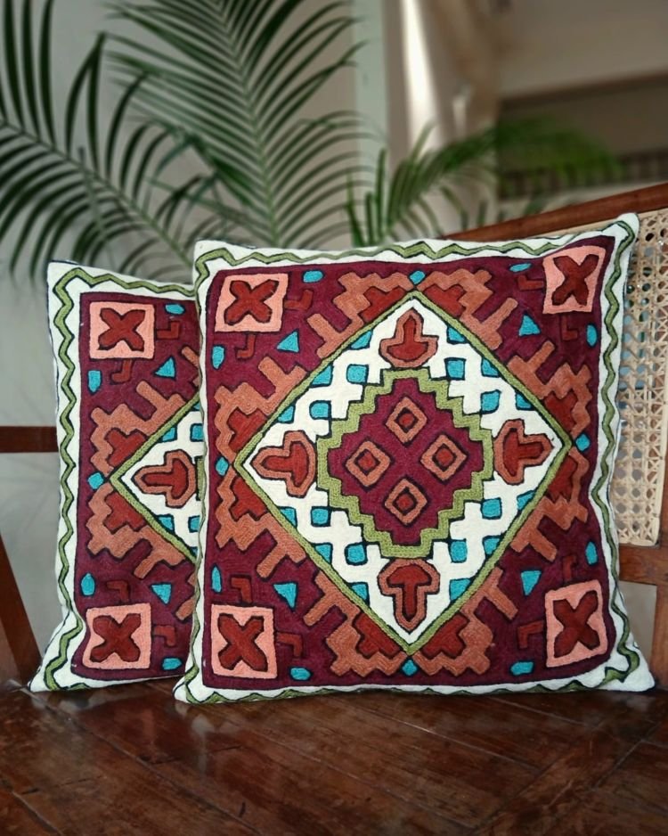 Crewel Embroidered Chainstitch Kilim Motif Cushion Covers – (CCMC0039) - Image 2